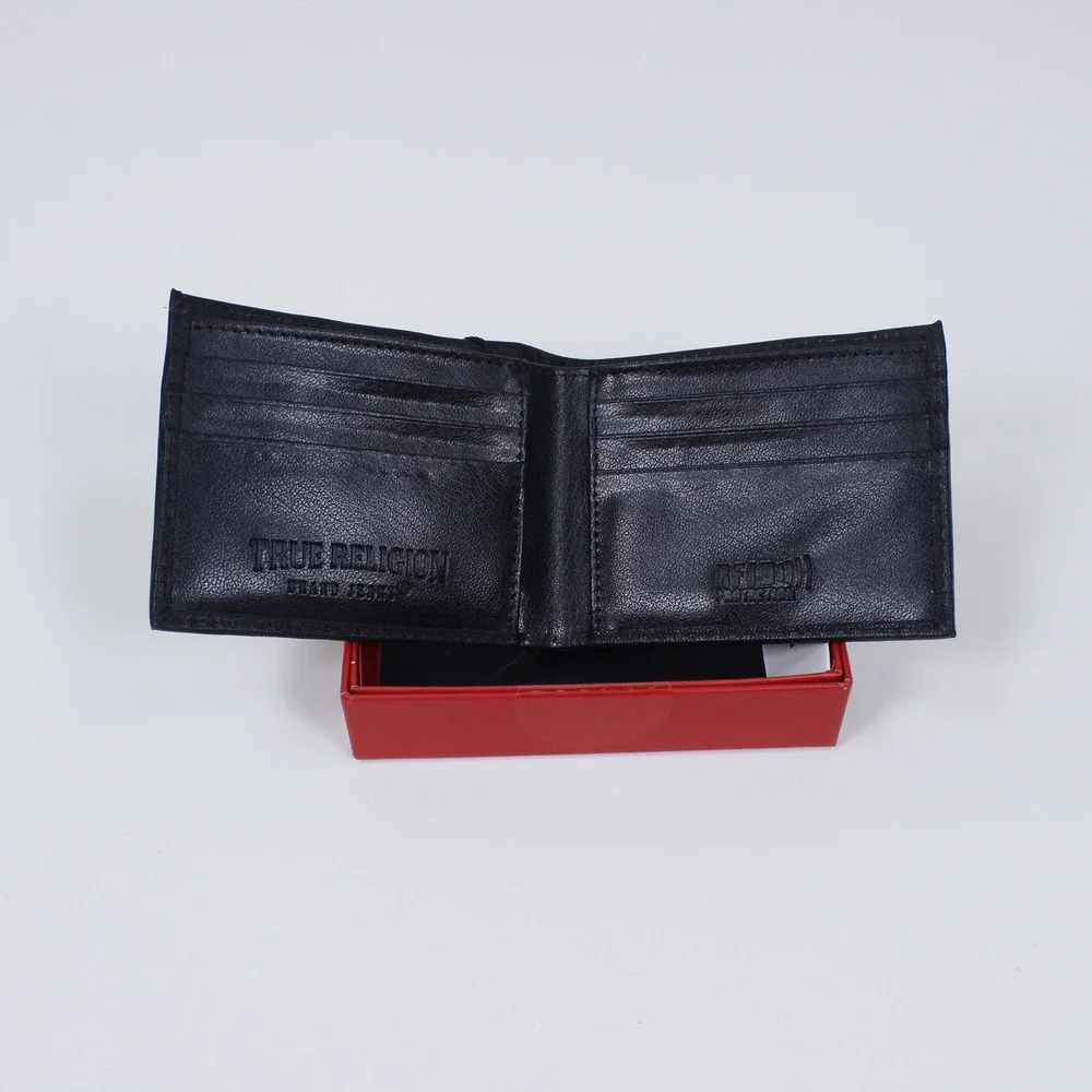 True Religion Men's Black Leather Bifold Wallet Brown Horseshoe Stitch Rfid Nib